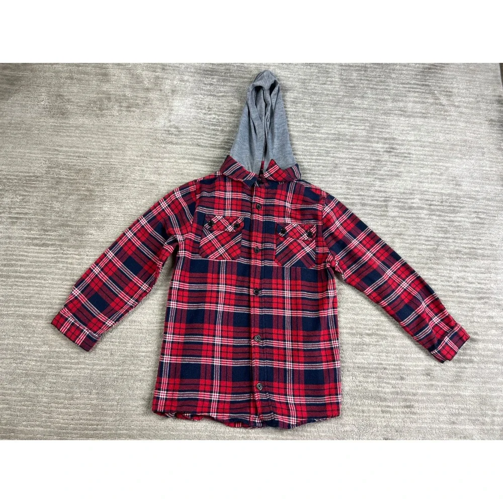 CP Dry Goods Flannel Shirt Boys Medium Red Navy Plaid Hooded Button Down L/S‎